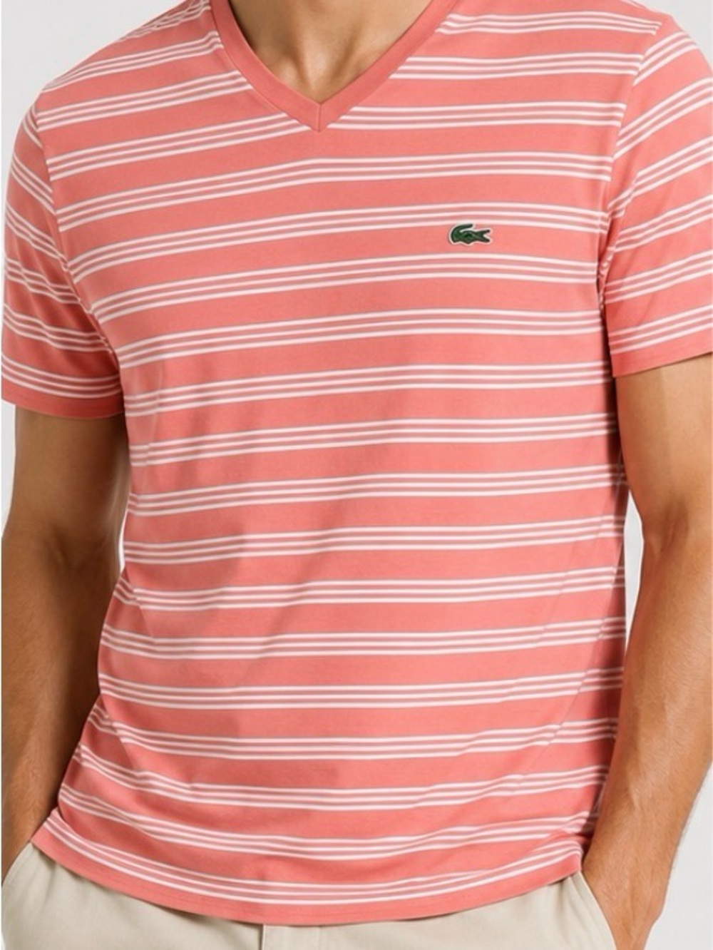 Lacoste Regular Fit Men’s Coral White Striped V-Neck T-Shirt Size 8 (XL) Cotton